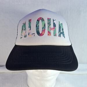 Vintage Aloha Women's Trucker Hat Black Hawaii White Adjustable Snapback Floral